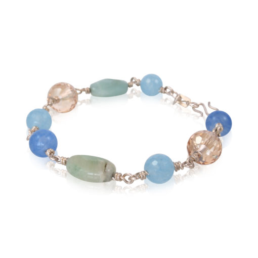 Armbånd med ædelsten og krystaller, "Baby blue eyes", i guld, sølv og oxideret sølv
