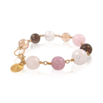 "Peach blossom" -Armbånd med ædelsten og krystaller, i guld, sølv og oxideret sølv