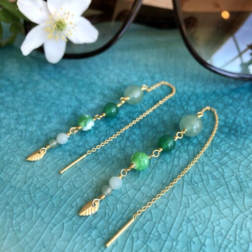 Lange grønne øreringe med sten og perler "Springtime" new edition
