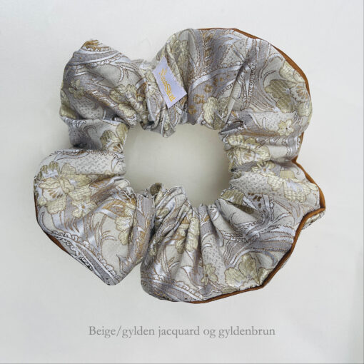 Beige/gylden jacquard og gyldenbrun -Scrunchie