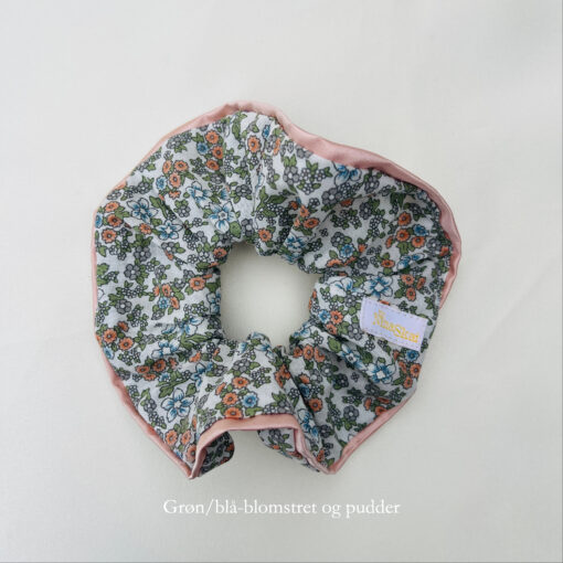 Grøn/blå-blomstret og pudder, Scrunchie
